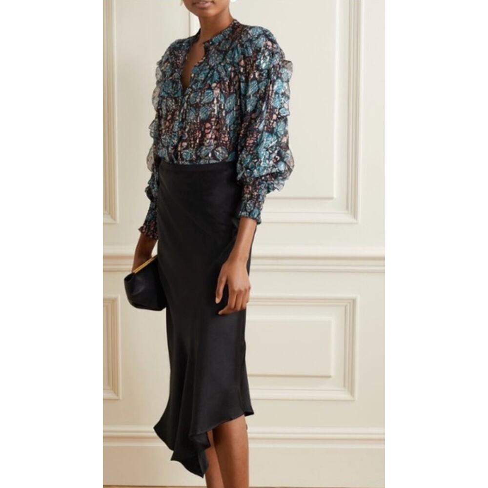 Ulla Johnson Blouse 4 Isadora Silk Lurex Indigo Blue Sheer Floral Ruffle Formal